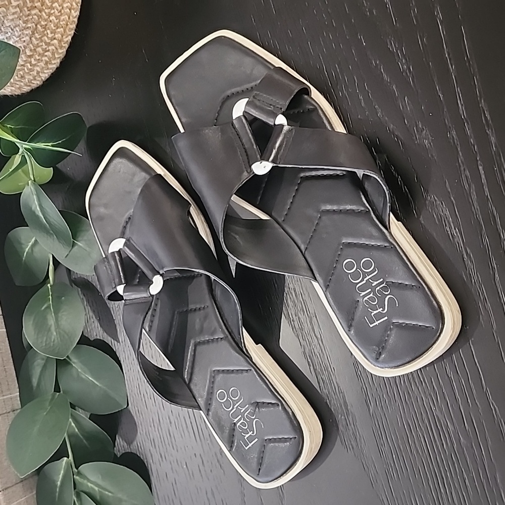 FRANCO SARTO Molana Leather Sandals 7.5 Slides Minimalist Buckle Square Toe - Picture 4 of 15